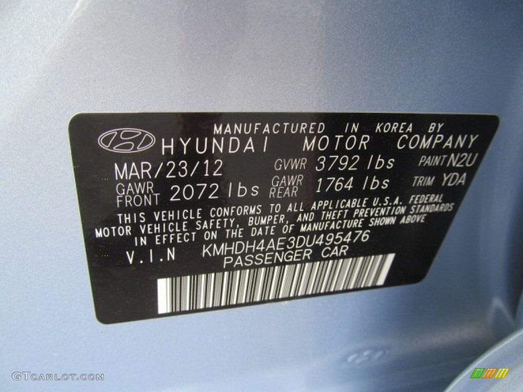 2013 Elantra Color Code N2U for Blue Sky Metallic Photo #64854890