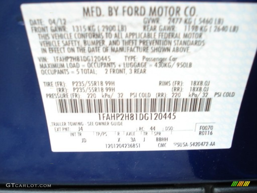 2013 Taurus Color Code J4 for Deep Impact Blue Metallic Photo #64863509