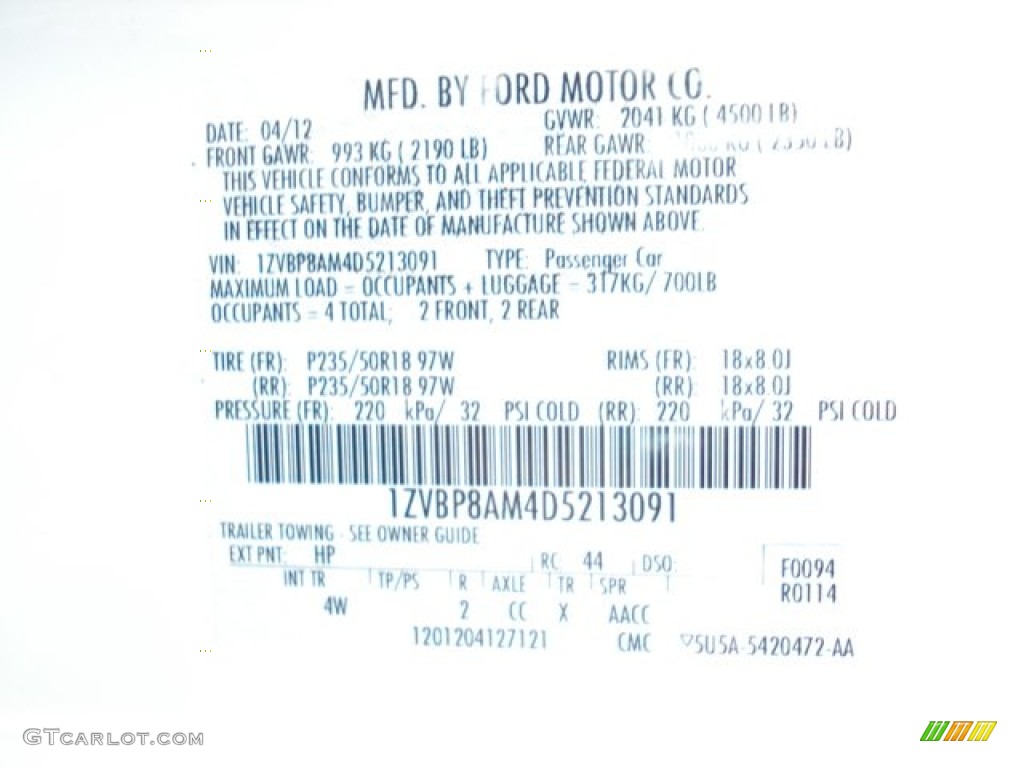2013 Mustang Color Code HP for Performance White Photo #64863890