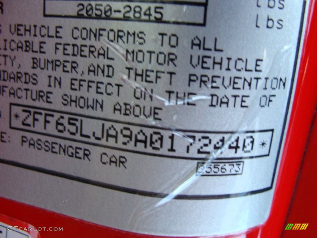 2010 Ferrari California Standard California Model Info Tag Photo #64902713