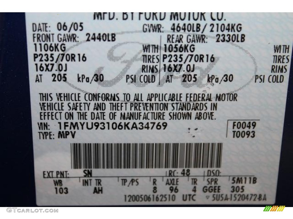 2006 Escape Color Code SN for Sonic Blue Metallic Photo #64914675