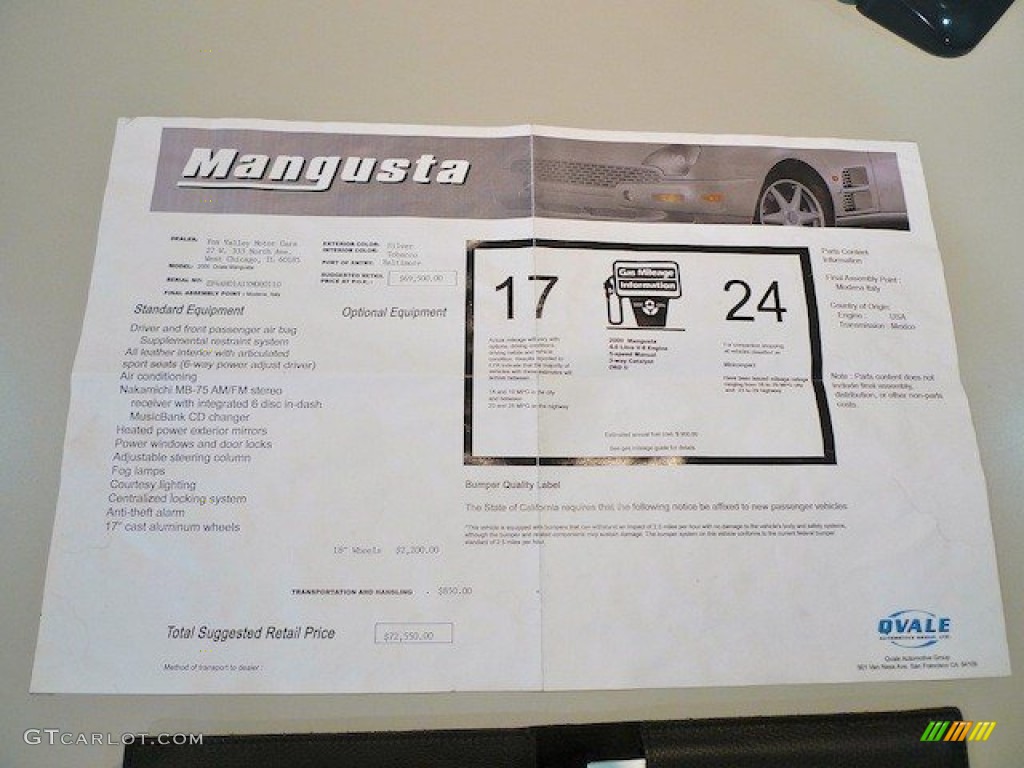 2000 Qvale Mangusta Standard Mangusta Model Window Sticker Photo #64915701