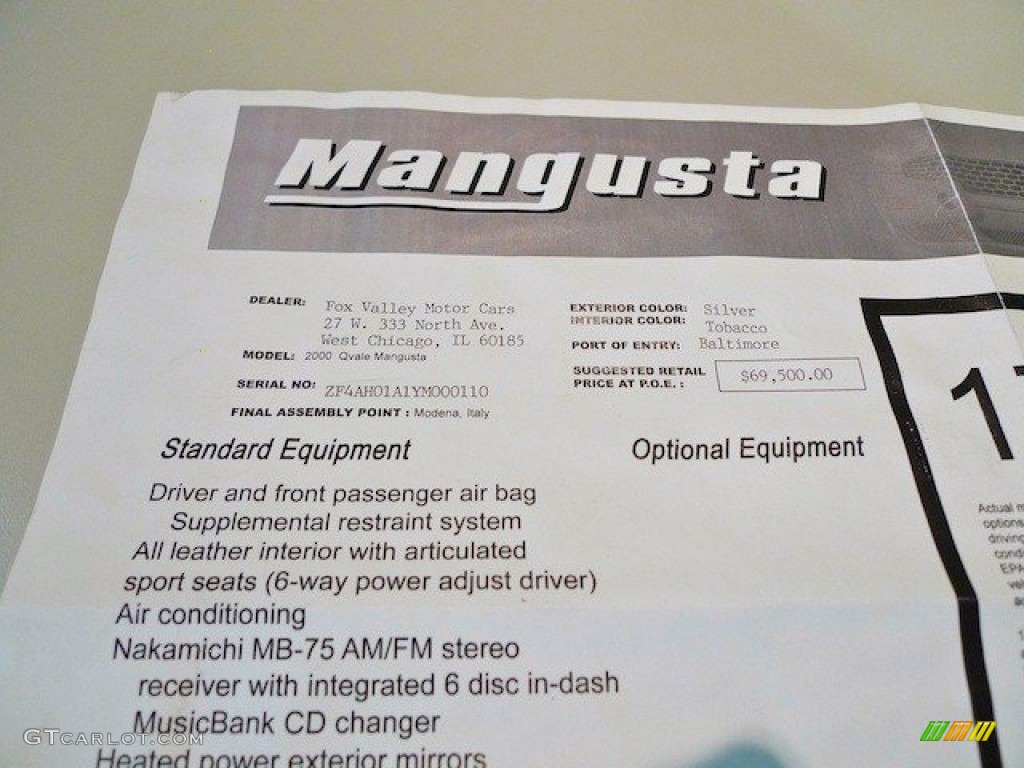2000 Qvale Mangusta Standard Mangusta Model Window Sticker Photo #64915710