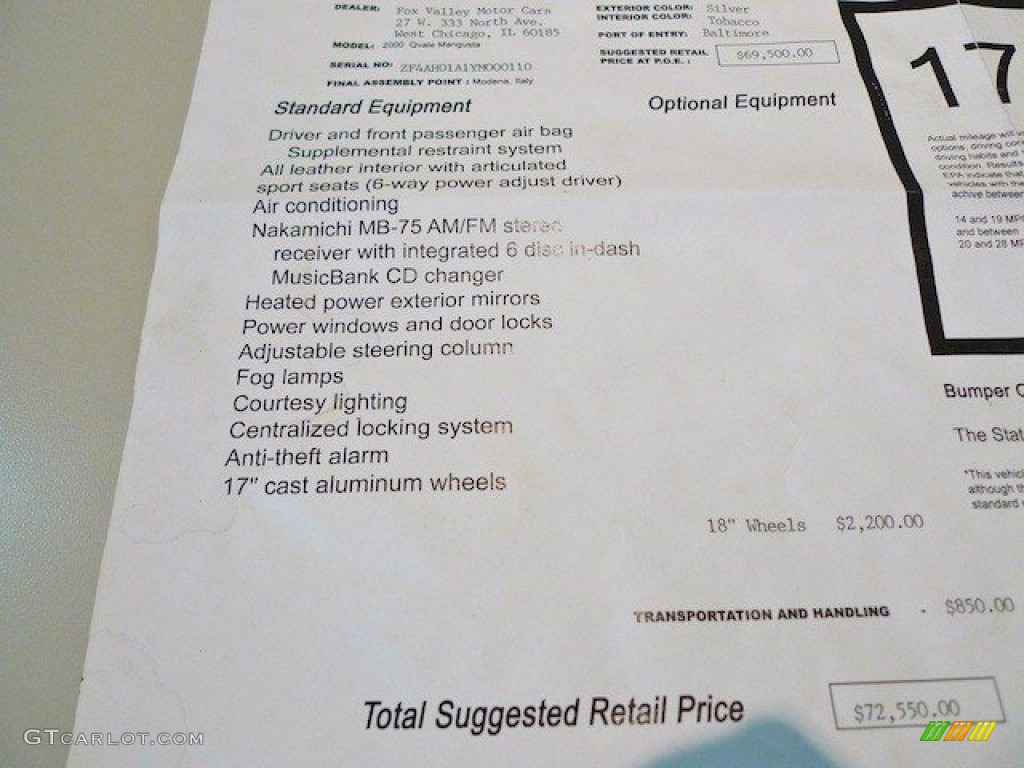 2000 Qvale Mangusta Standard Mangusta Model Window Sticker Photo #64915722