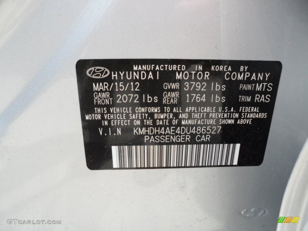 2013 Elantra Color Code MTS for Shimmering Air Silver Photo #64923005