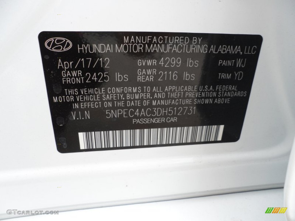 2013 Sonata Color Code WJ for Shimmering White Photo #64923122