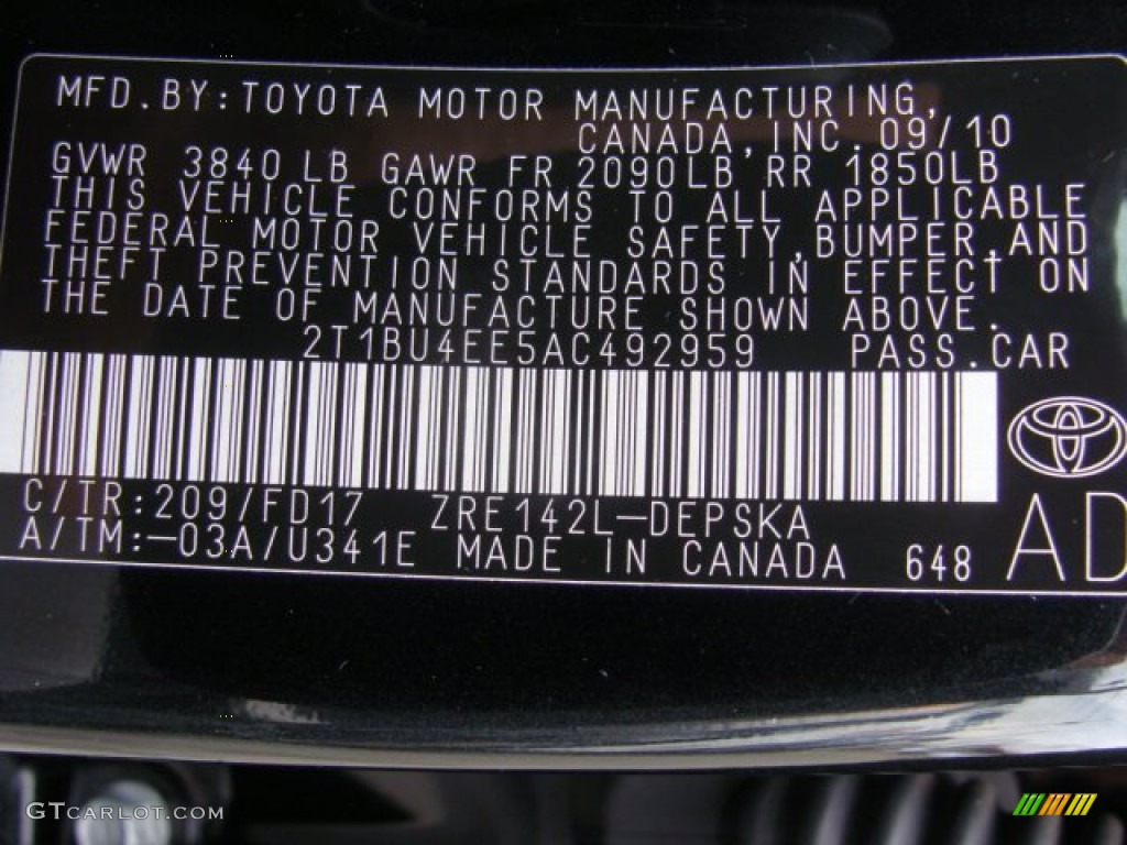 2010 Corolla Color Code 209 for Black Sand Pearl Photo #64928212