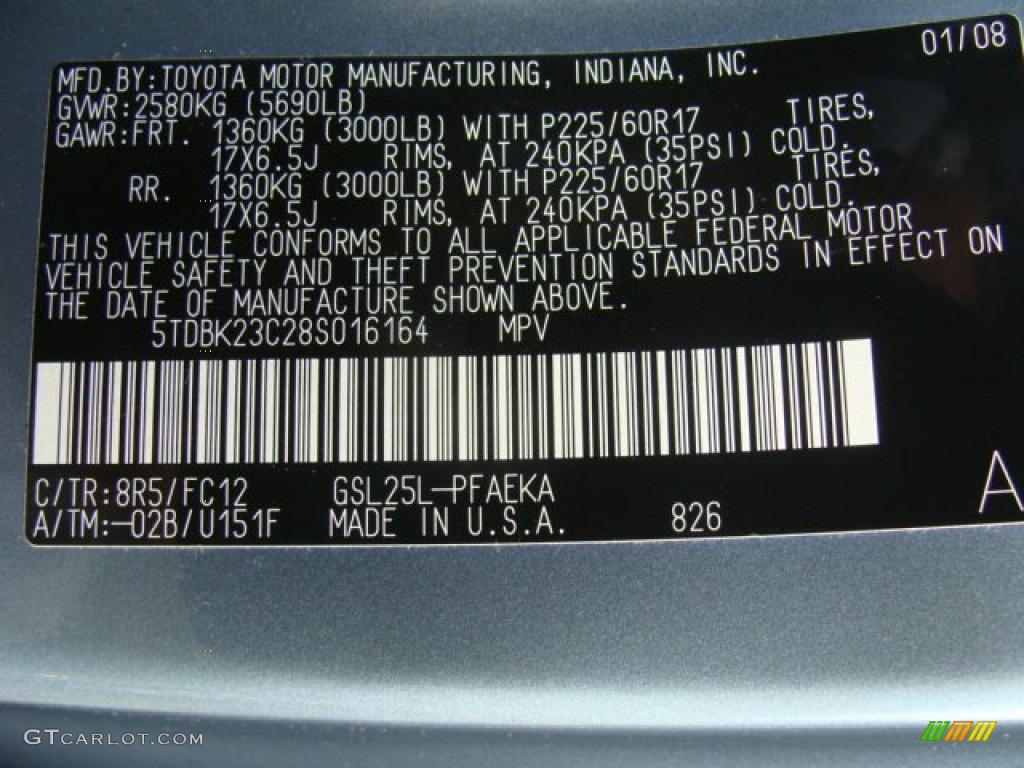 2008 Toyota Sienna LE AWD Color Code Photos