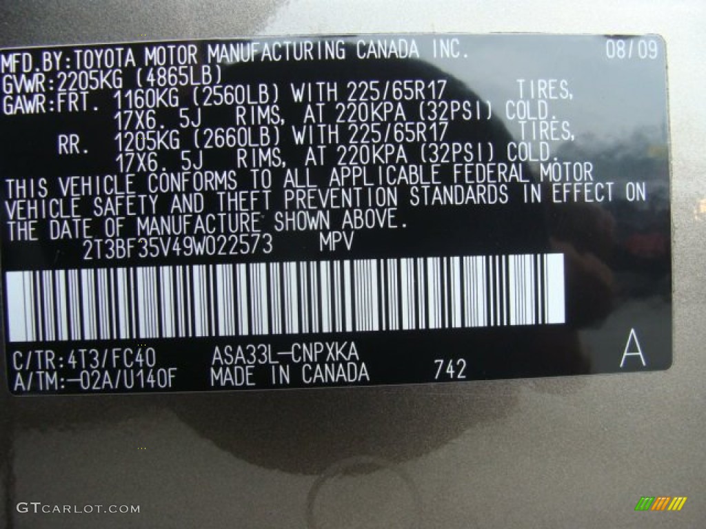 2009 RAV4 Color Code 4T3 for Pyrite Mica Photo #64929385