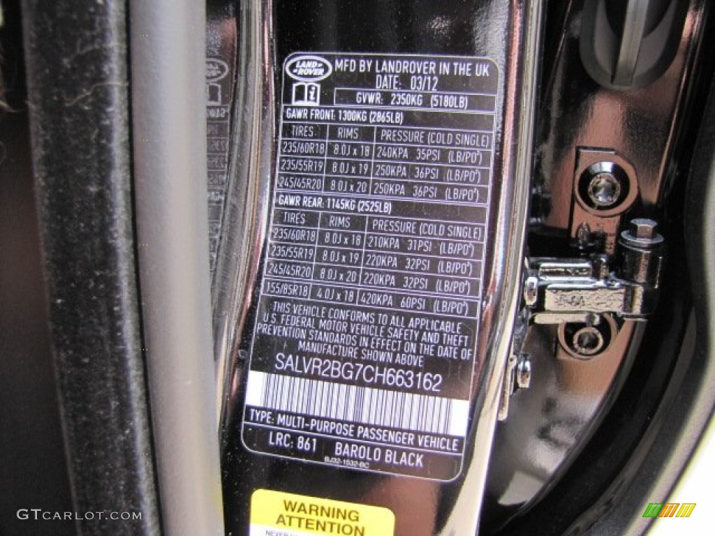 2012 Range Rover Evoque Color Code 861 for Barolo Black Premium Metallic Photo #64930087