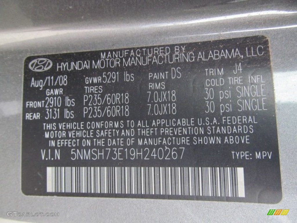 2009 Hyundai Santa Fe SE 4WD Color Code Photos