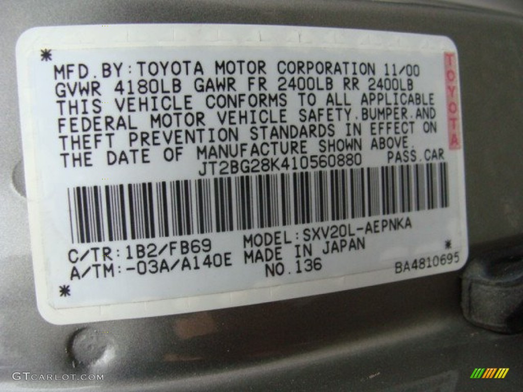2001 Camry Color Code 1B2 for Antique Sage Pearl Photo #64946596