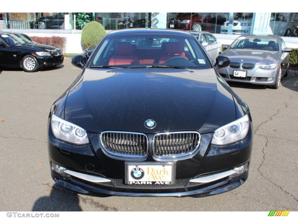 2011 3 Series 328i xDrive Coupe - Jet Black / Coral Red/Black Dakota Leather photo #2