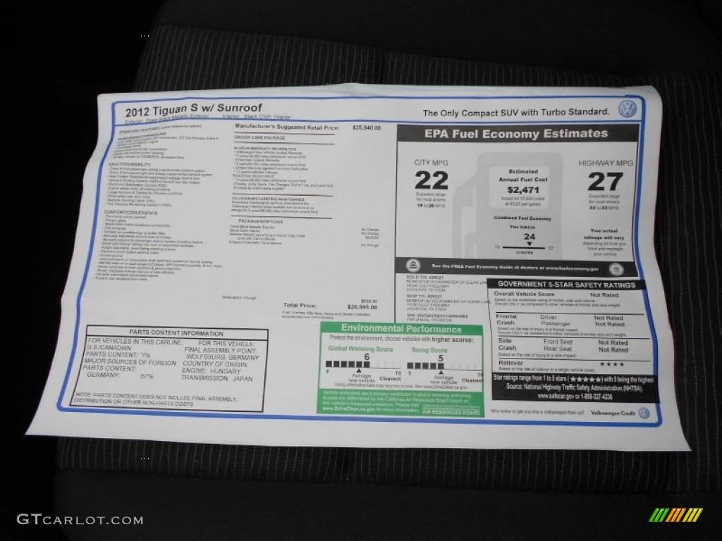 2012 Tiguan S - Deep Black Metallic / Black photo #22