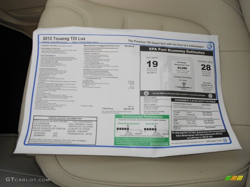 2012 Touareg TDI Lux 4XMotion - Campanella White / Cornsilk Beige photo #19