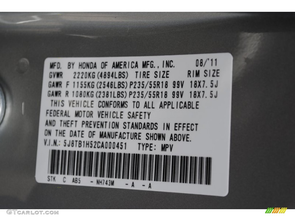 2012 RDX Color Code NH743M for Palladium Metallic Photo #64992152