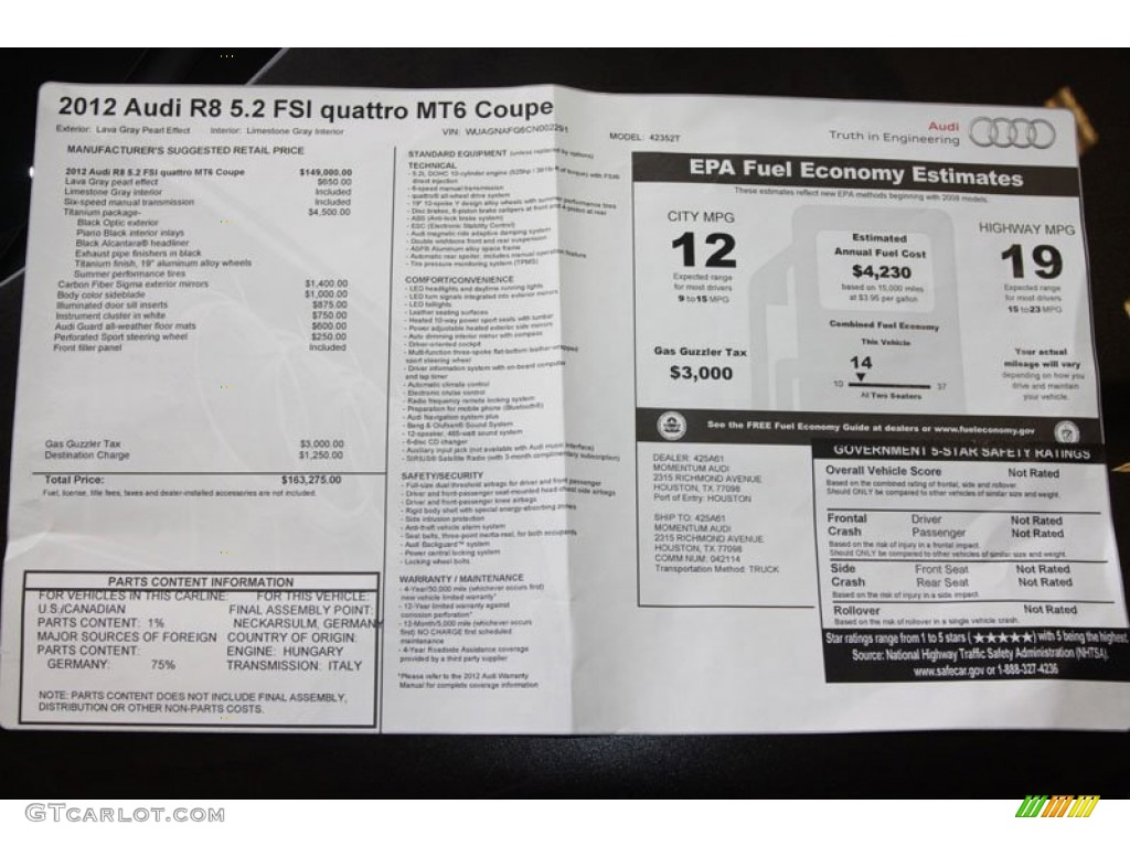 2012 Audi R8 5.2 FSI quattro Window Sticker Photo #64992324