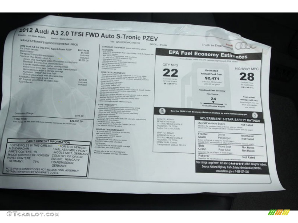 2012 Audi A3 2.0T Window Sticker Photo #64992833
