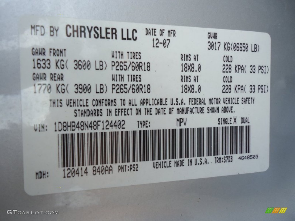 2008 Durango Color Code PS2 for Bright Silver Metallic Photo #65007880