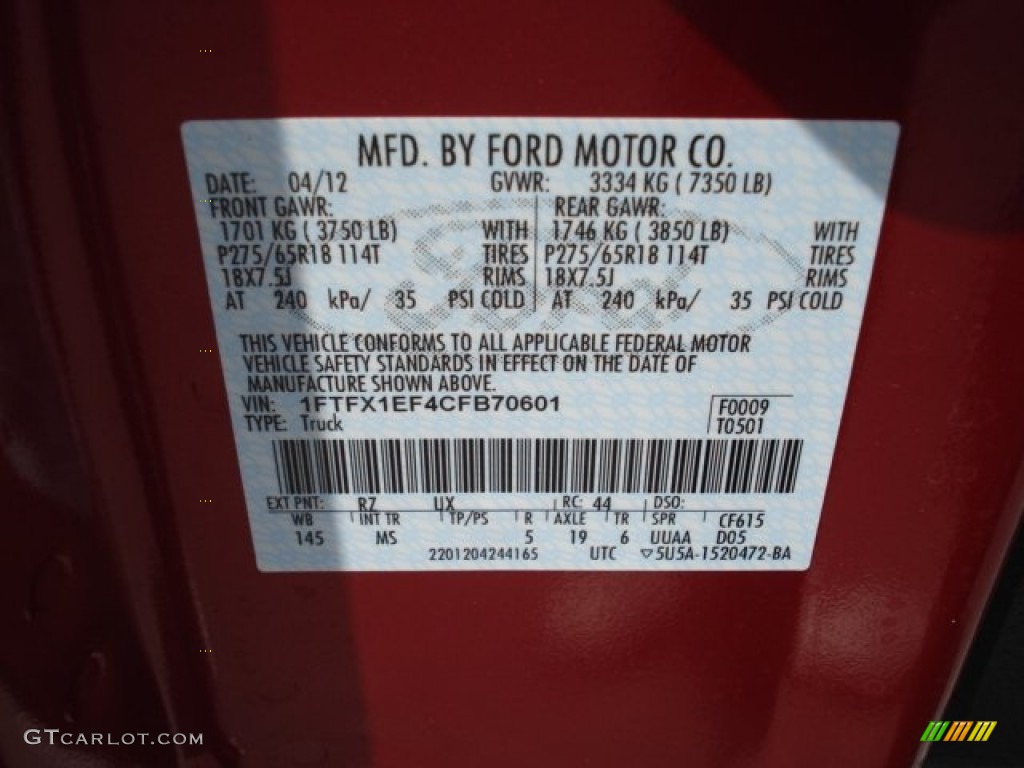 2012 F150 Color Code RZ for Red Candy Metallic Photo #65008857