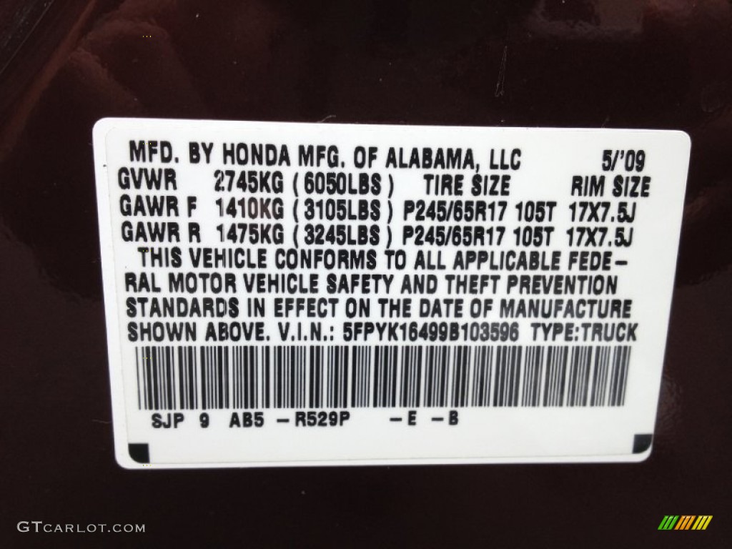 2009 Ridgeline Color Code R529P for Dark Cherry Pearl Photo #65014086
