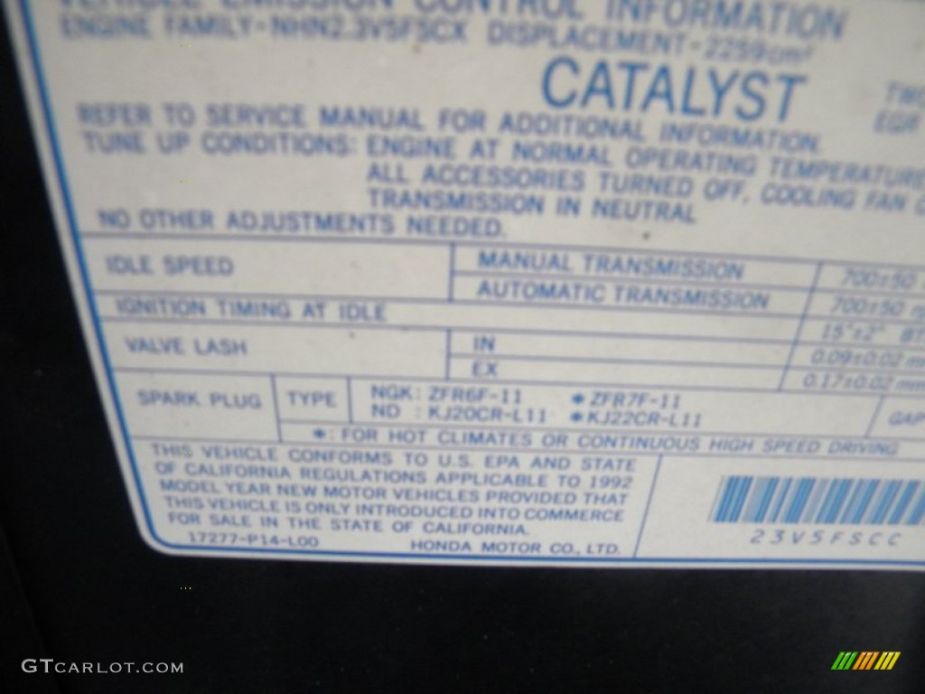 1992 Honda Prelude Si Info Tag Photo #65019089