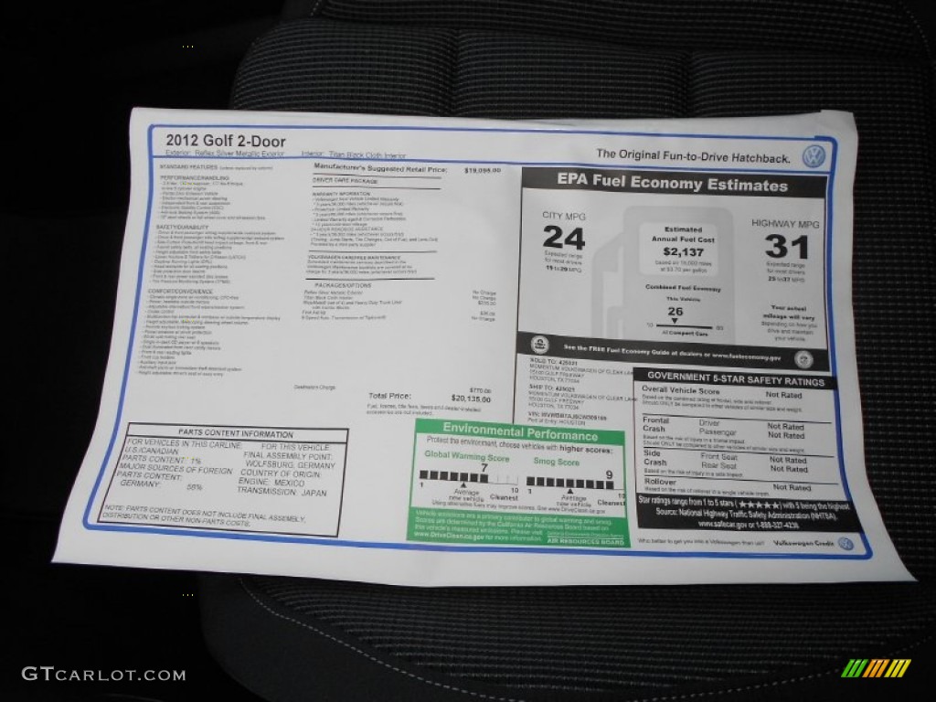 2012 Volkswagen Golf 2 Door Window Sticker Photo #65020479