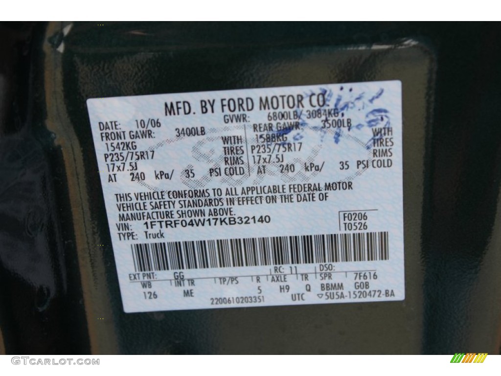 2007 F150 Color Code GG for Forest Green Metallic Photo #65028834