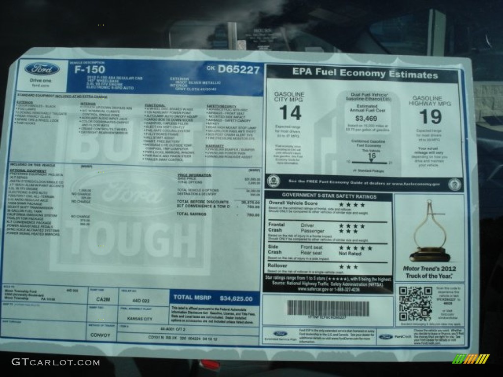 2012 Ford F150 XL Regular Cab 4x4 Window Sticker Photo #65040152