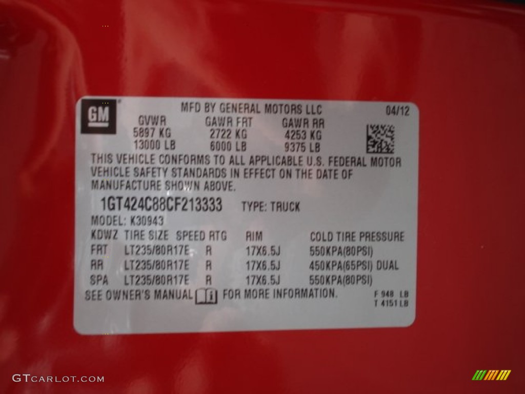 2012 GMC Sierra 3500HD SLE Crew Cab 4x4 Dually Info Tag Photos