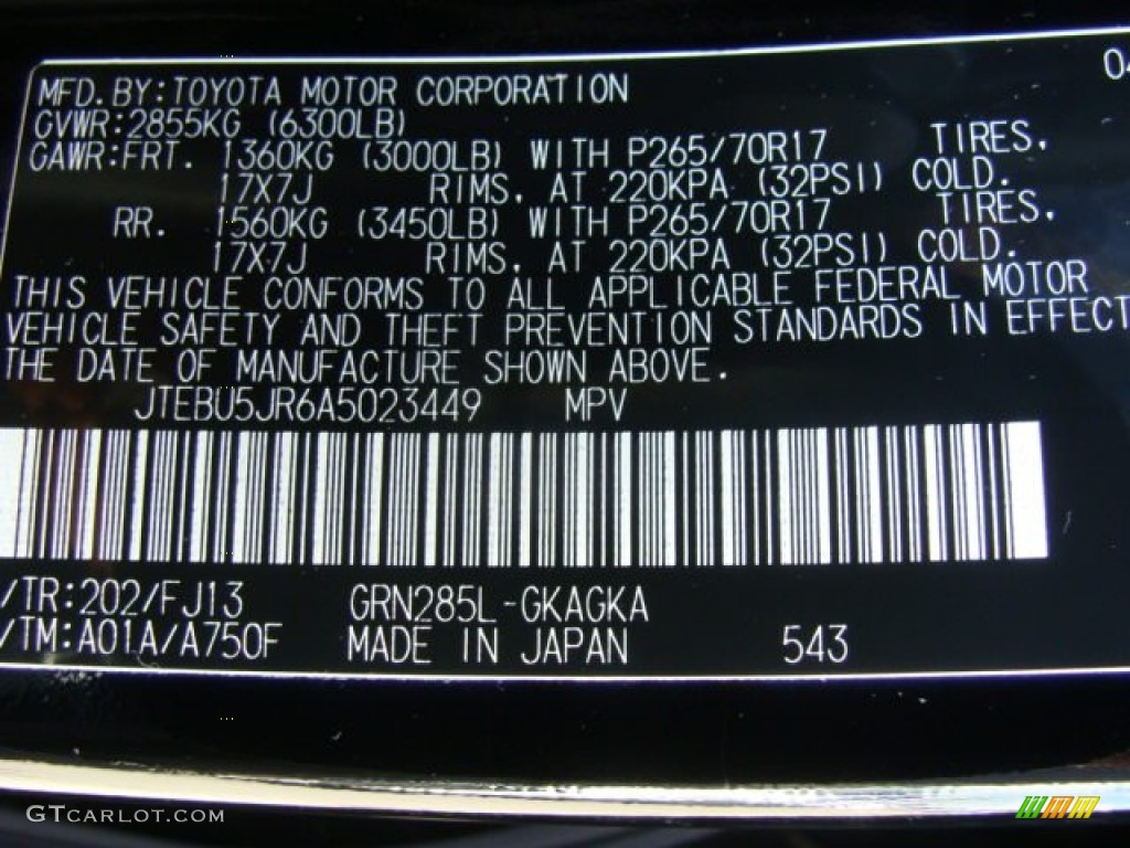 2010 Toyota 4Runner SR5 4x4 Color Code Photos