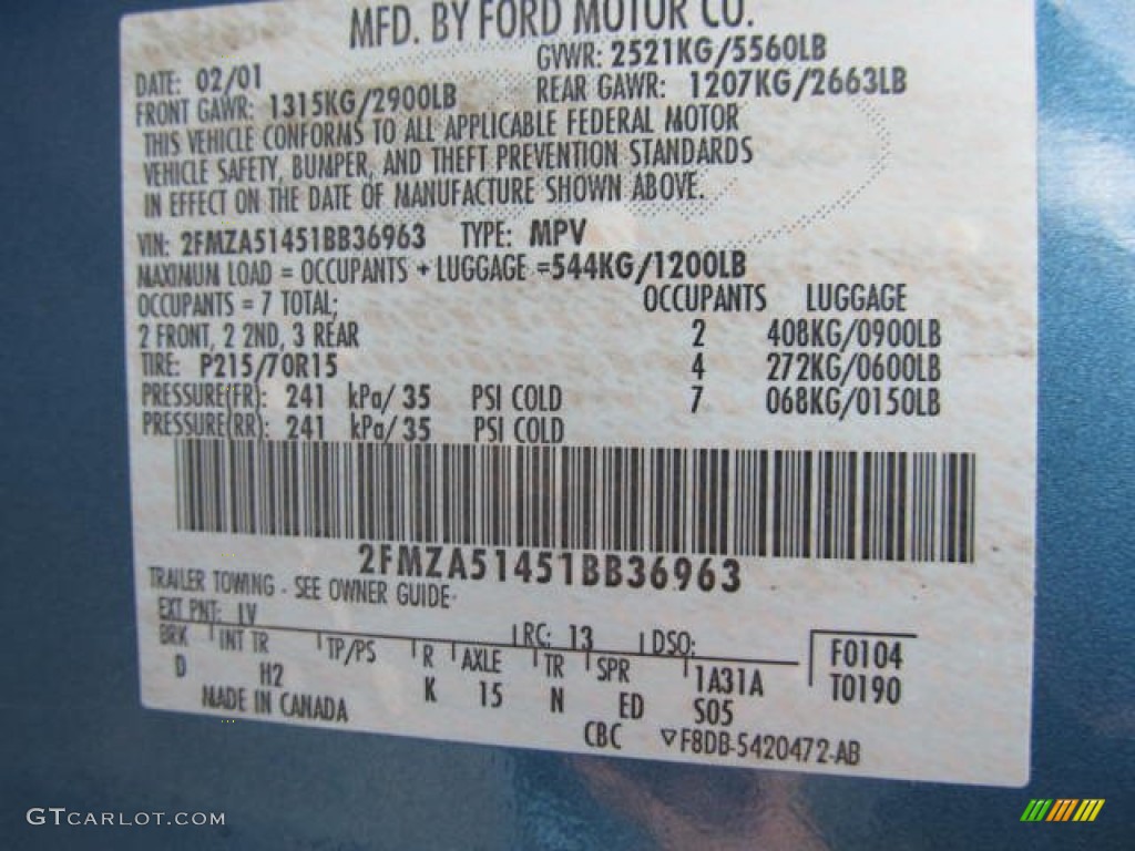 2001 Ford Windstar LX Color Code Photos