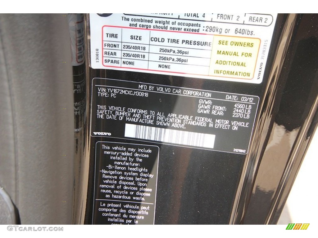 2012 Volvo C70 T5 Inscription Info Tag Photos