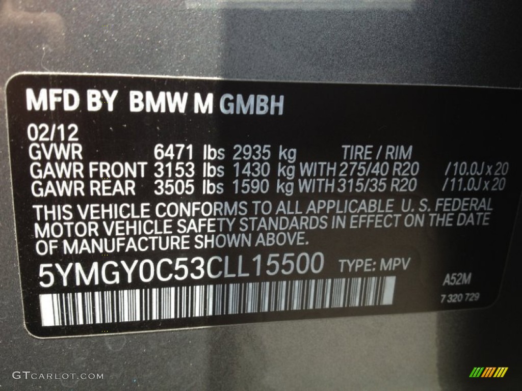 2012 BMW X5 M Standard X5 M Model Info Tag Photo #65077286