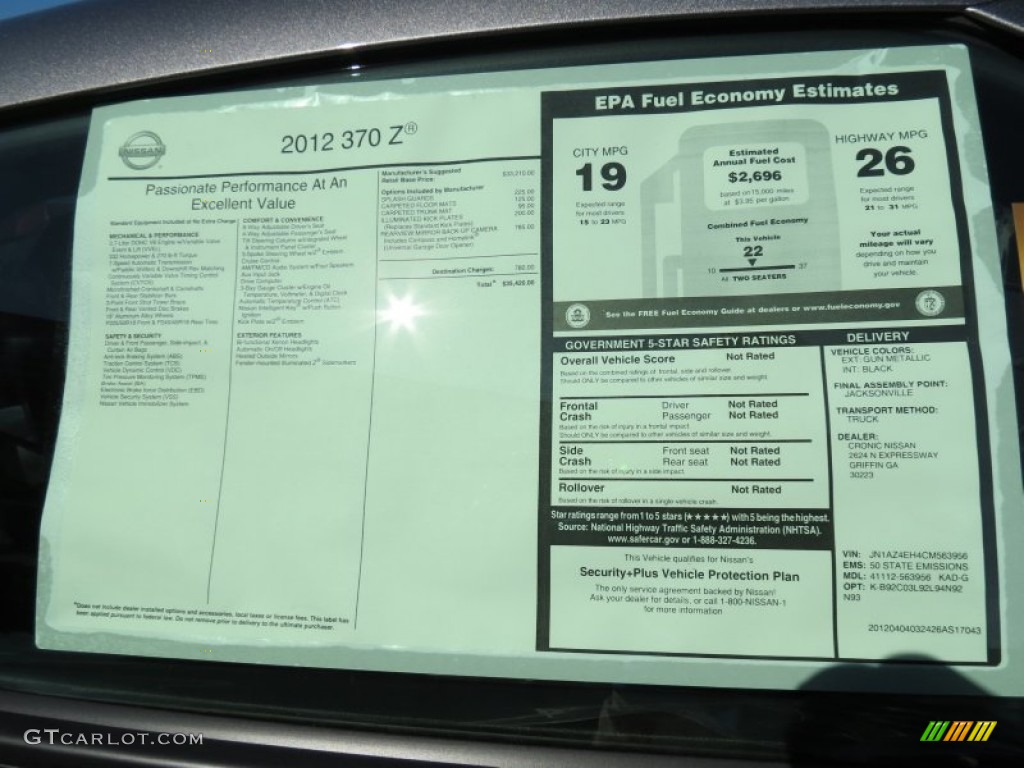 2012 Nissan 370Z Coupe Window Sticker Photo #65106103