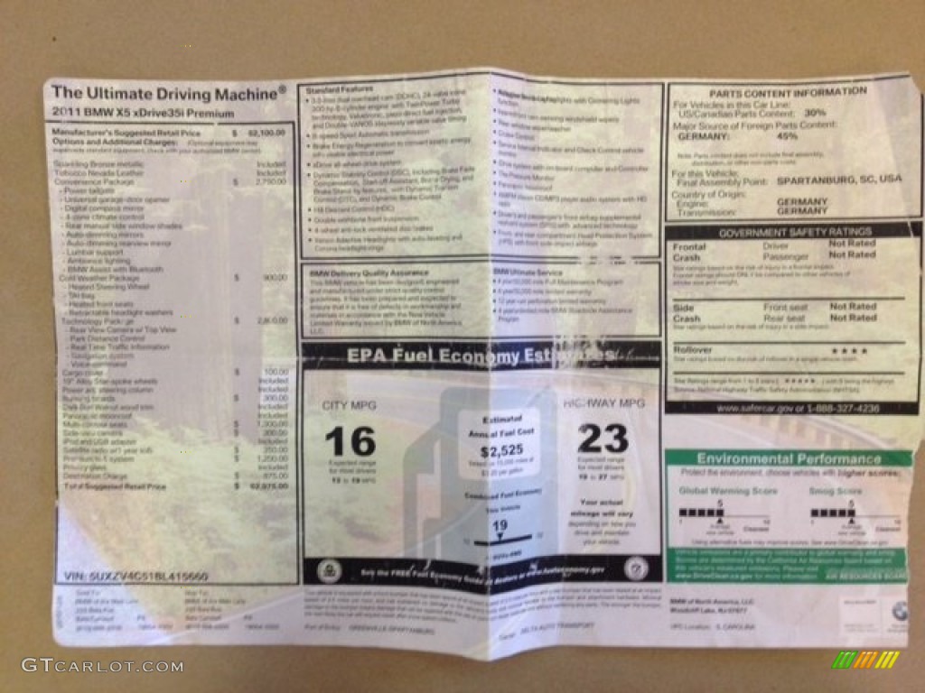 2011 BMW X5 xDrive 35i Window Sticker Photo #65114043