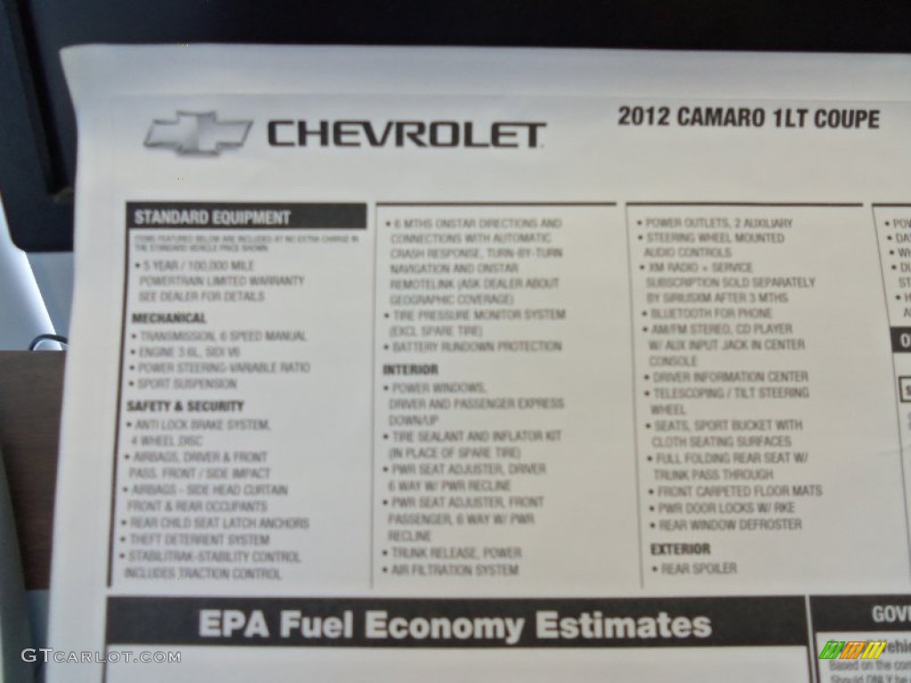 2012 Chevrolet Camaro LT Coupe Window Sticker Photo #65118760