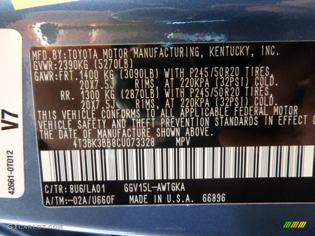 2012 Toyota Venza Limited AWD Color Code Photos
