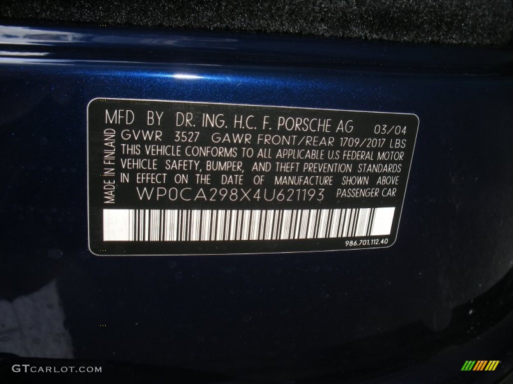 2004 Porsche Boxster Standard Boxster Model Info Tag Photo #65123345