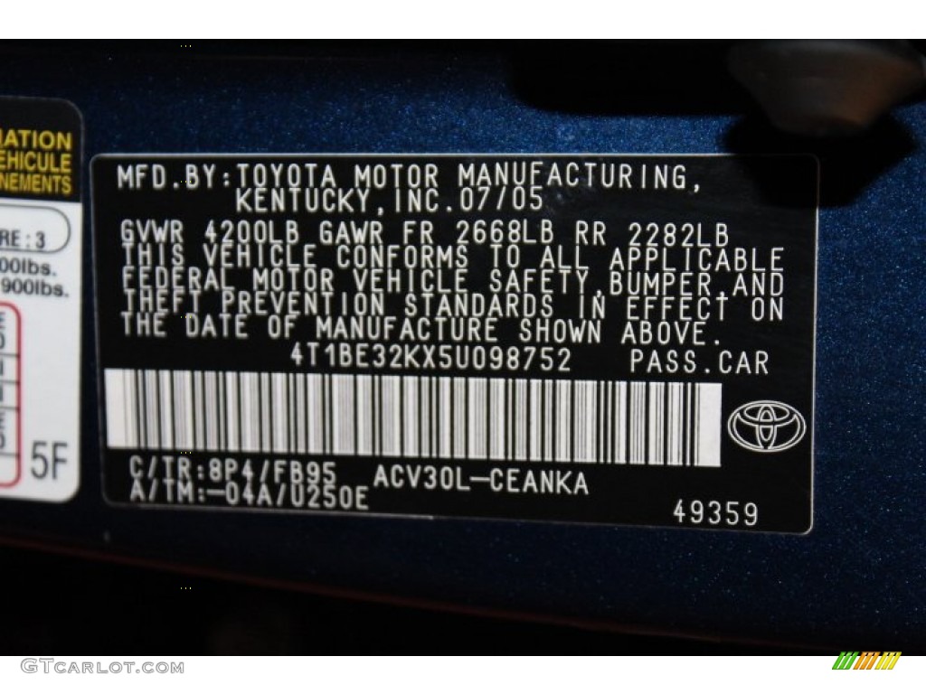 2005 Camry Color Code 8P4 for Indigo Ink Pearl Photo #65145396
