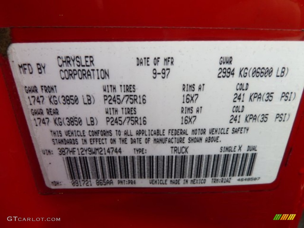 1998 Ram 1500 Color Code PR4 for Flame Red Photo #65176245 | GTCarLot.com