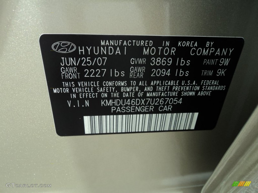 2007 Elantra Color Code 9W for Laguna Sand Beige Photo #65188396