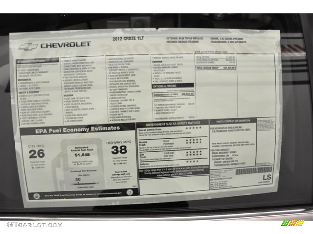2012 Chevrolet Cruze LT Window Sticker Photo #65193786