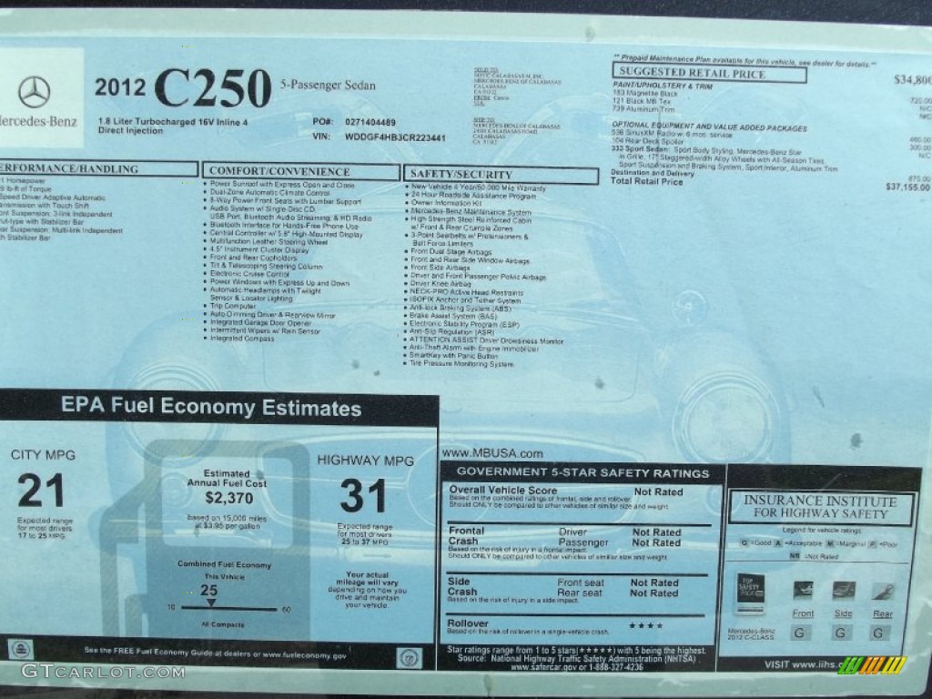 2012 Mercedes-Benz C 250 Sport Window Sticker Photo #65208652