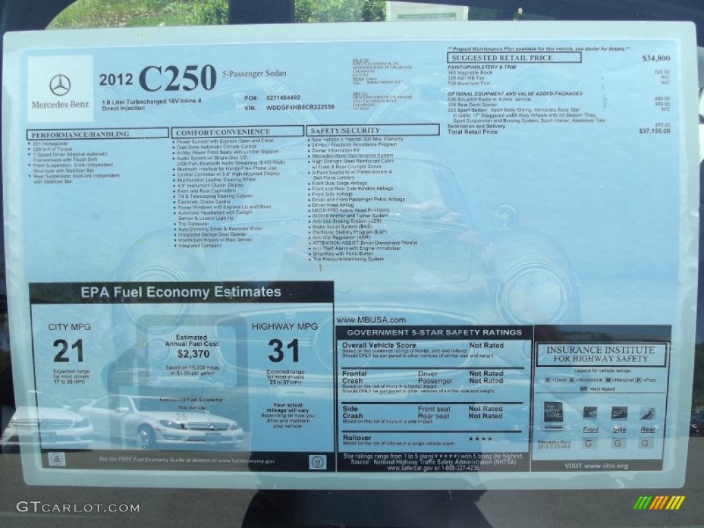 2012 Mercedes-Benz C 250 Sport Window Sticker Photo #65209069
