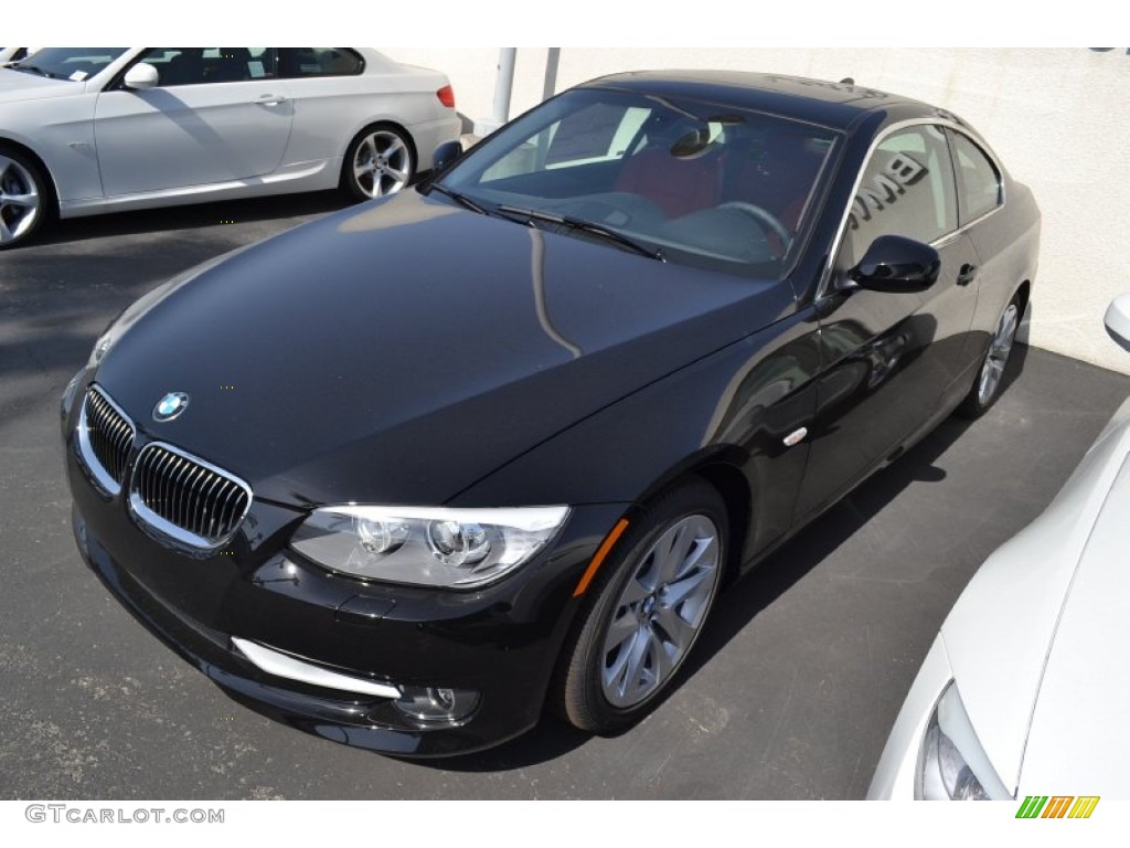 2012 3 Series 328i Coupe - Jet Black / Coral Red/Black photo #9