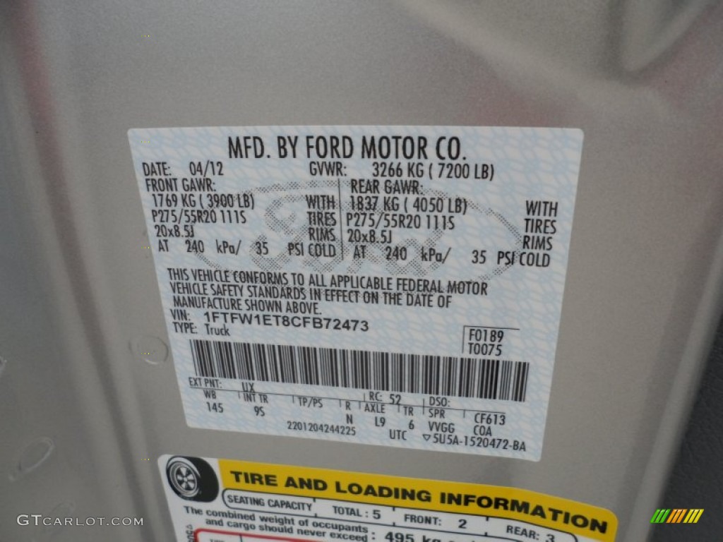 2012 F150 Color Code UX for Ingot Silver Metallic Photo #65221216