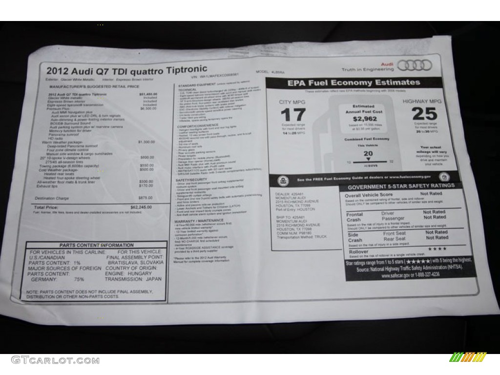 2012 Audi Q7 3.0 TDI quattro Window Sticker Photo #65236508