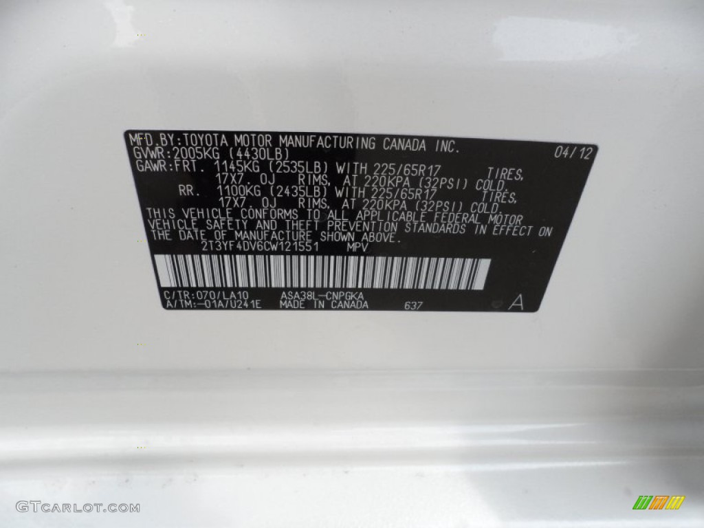 2012 RAV4 Color Code 070 for Blizzard White Pearl Photo #65246432