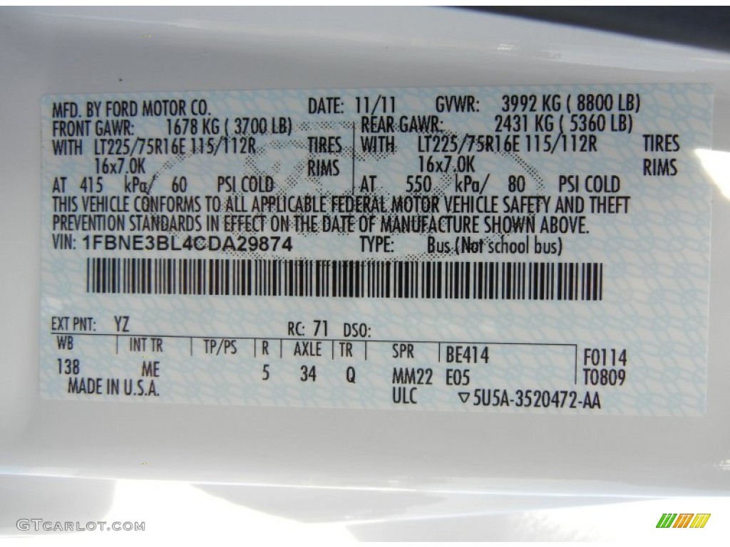 2012 E Series Van Color Code YZ for Oxford White Photo #65280965